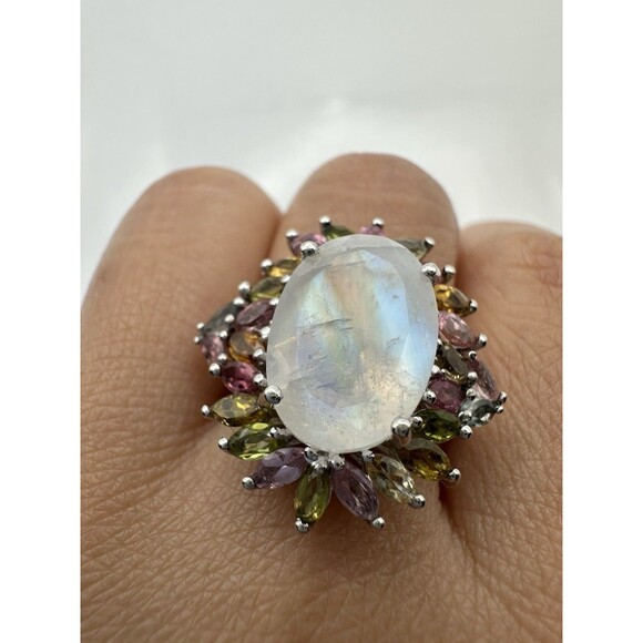 Stunning 925 sterling silver genuine rainbow moonstone tourmaline ring size 7 - Picture 5 of 8
